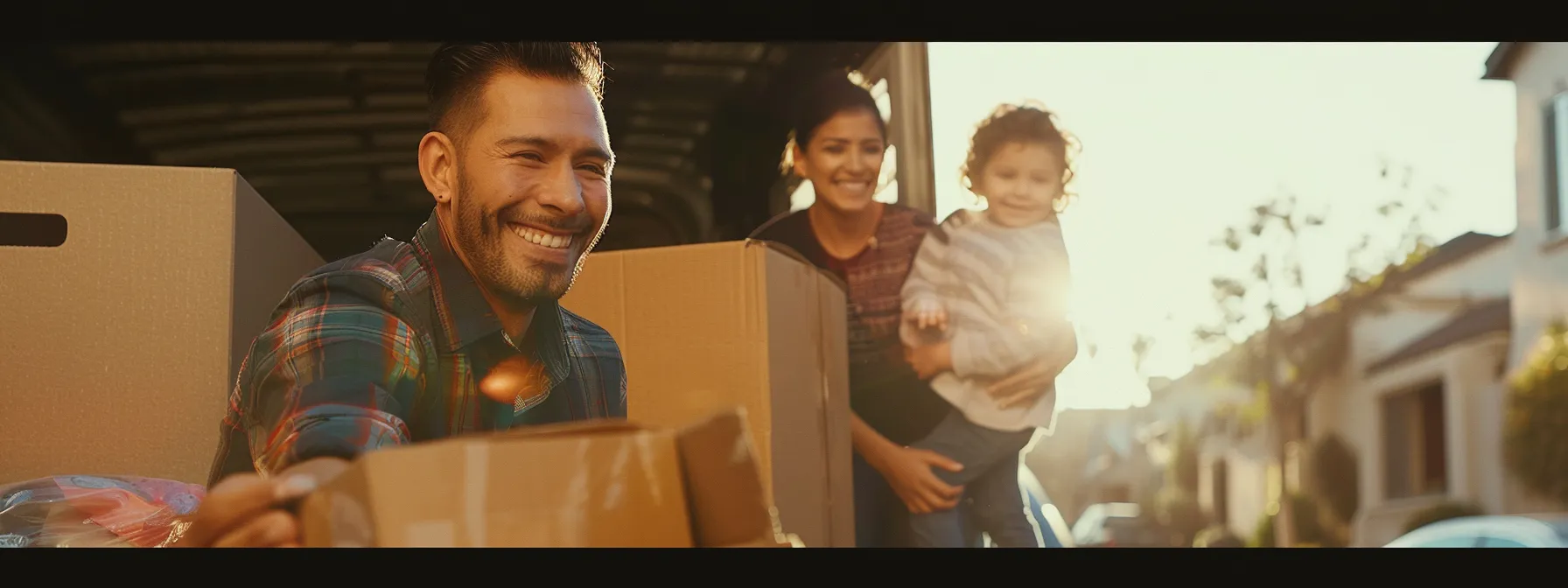 a family smiling happily as they watch professional movers efficiently and cost-effectively packing their belongings into a moving truck in los angeles.