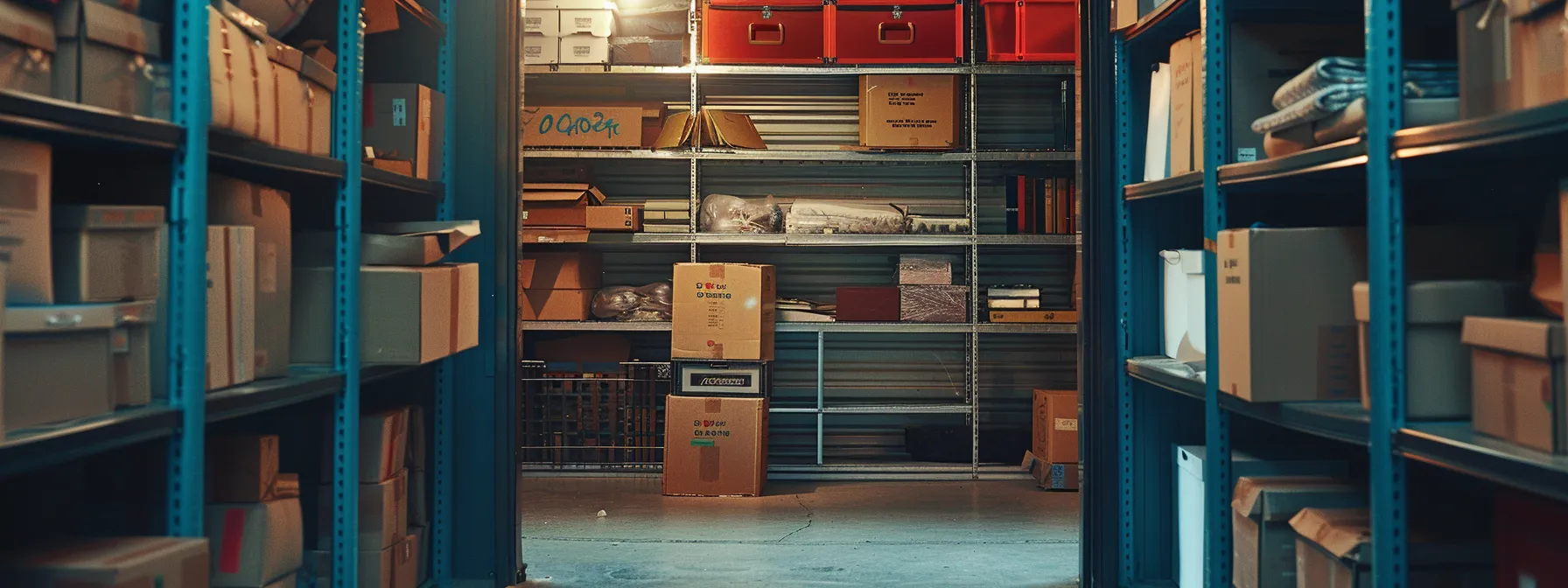 a neatly packed storage unit with labeled boxes, a detailed inventory list, and insured belongings, demonstrating organized and secure storage preparations.