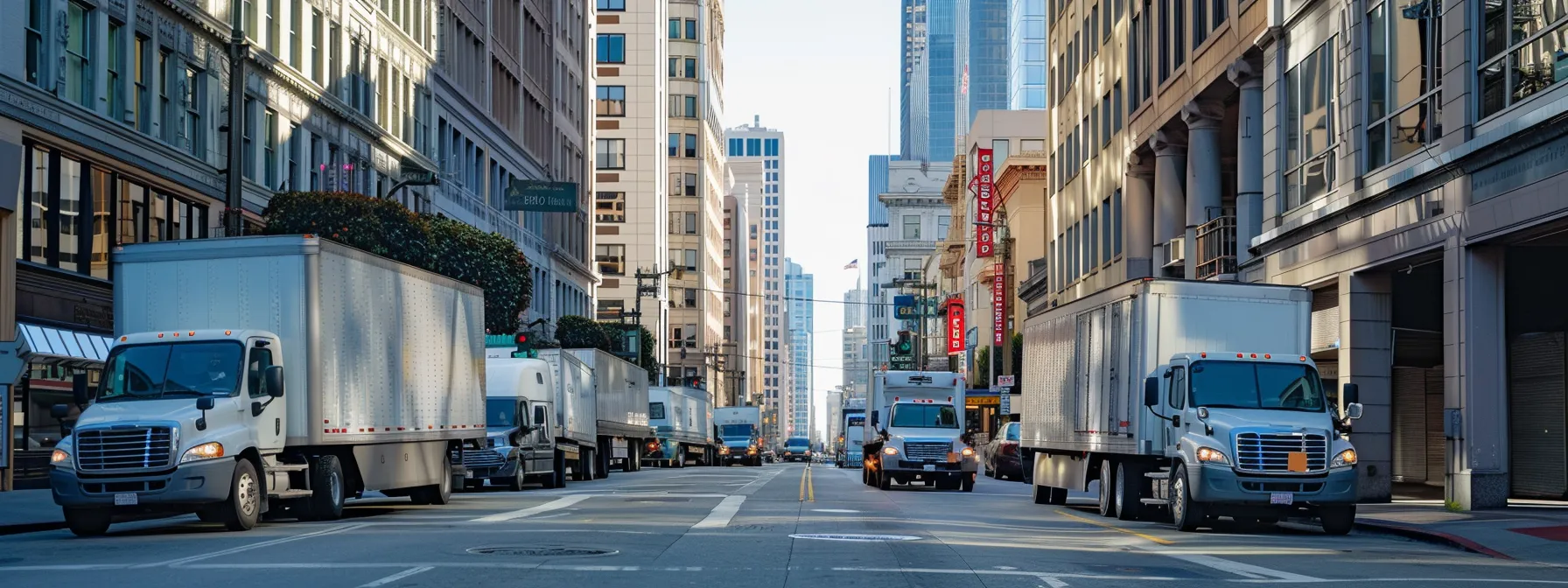 a busy san francisco street bustling with professional moving trucks lined up in front of a modern office building.