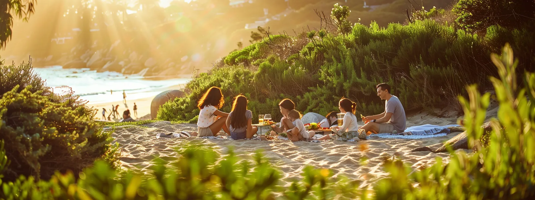 a happy family enjoying a beach picnic under the bright sun in del mar, surrounded by lush greenery and children playing in the background.