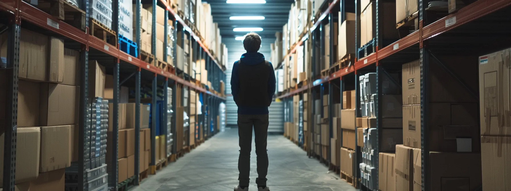 a person standing in a spacious, well-organized storage unit, surrounded by neatly stacked boxes and labeled containers, contemplating their storage options for an upcoming move.