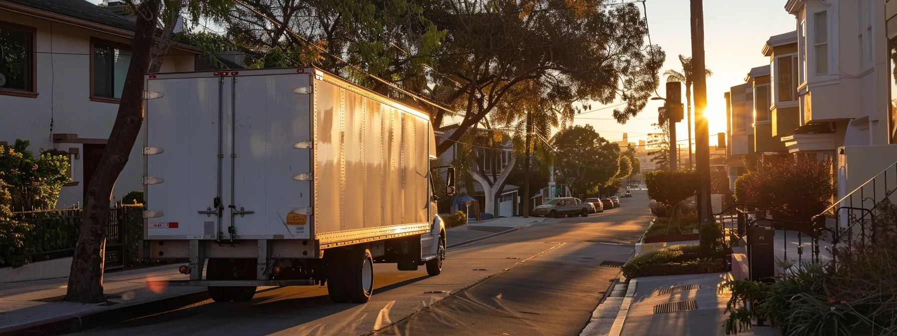 a moving truck parked in a reserved spot on a quiet san diego street, with an essentials box placed neatly by the door, ready for immediate use upon arrival at the new location.