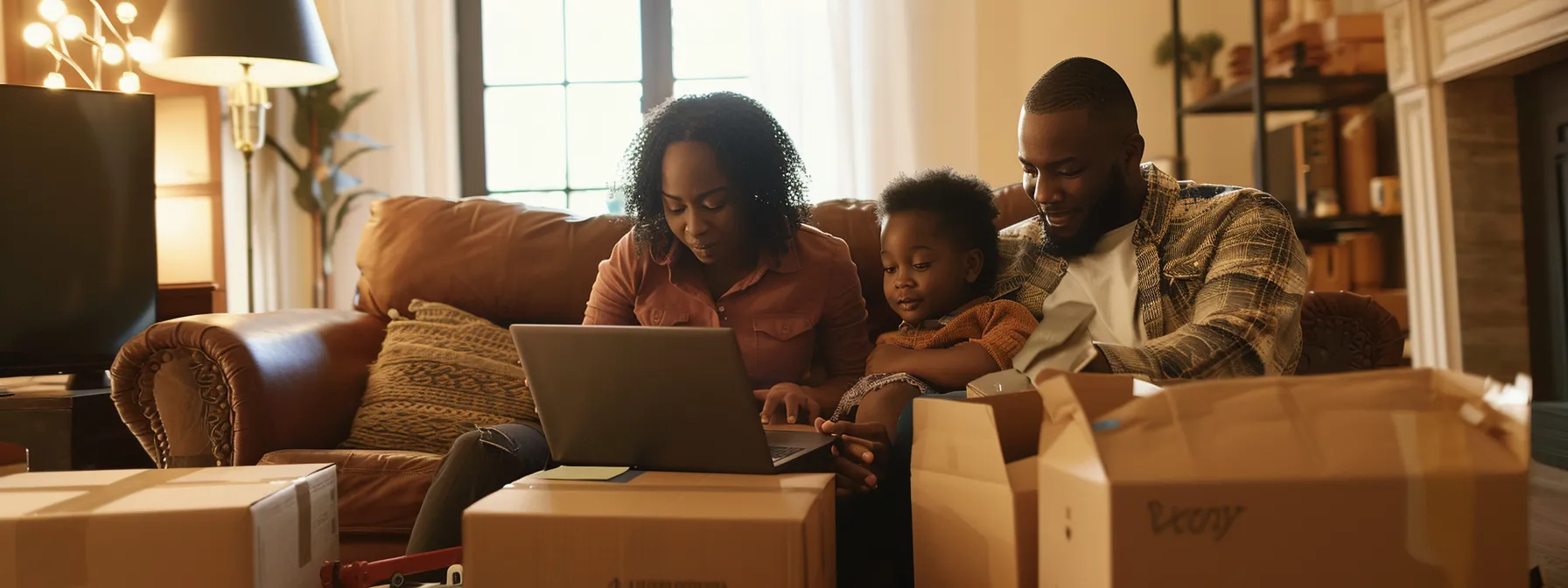 a family inspecting and comparing moving company reviews on a laptop while surrounded by packing boxes in their living room.