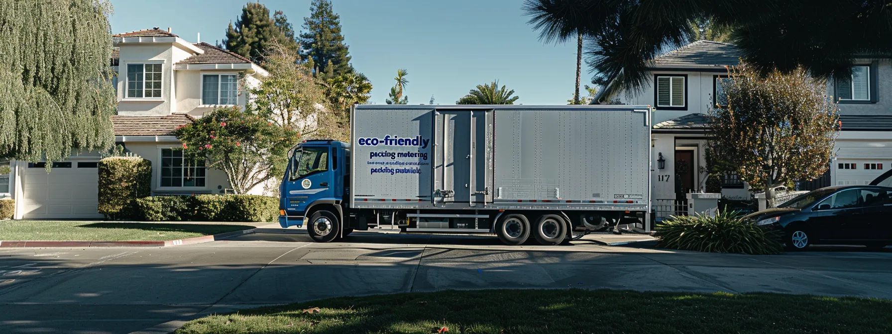 a moving truck parked outside a house, being loaded with boxes labeled 