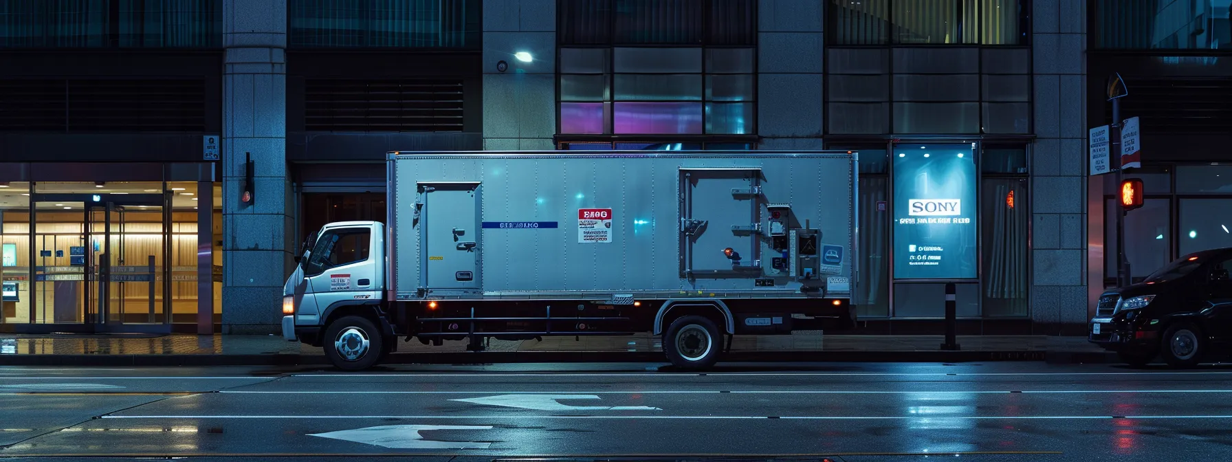 a photo of a moving truck parked in front of a building, adorned with stickers displaying licensing, registration, and insurance information, reflecting legal compliance and credibility.