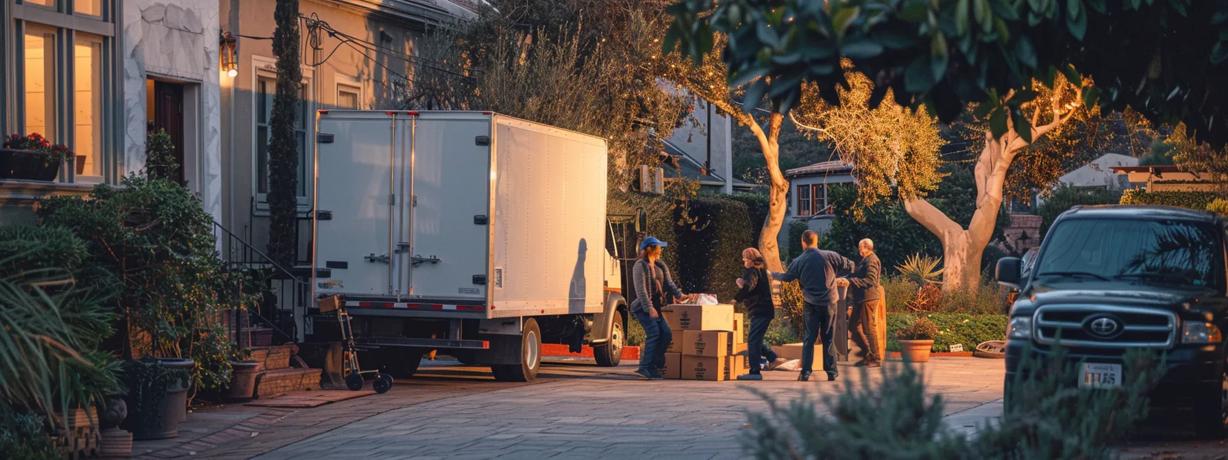 a group of professional movers carefully loading boxes into a moving truck in front of a cozy san jose home.