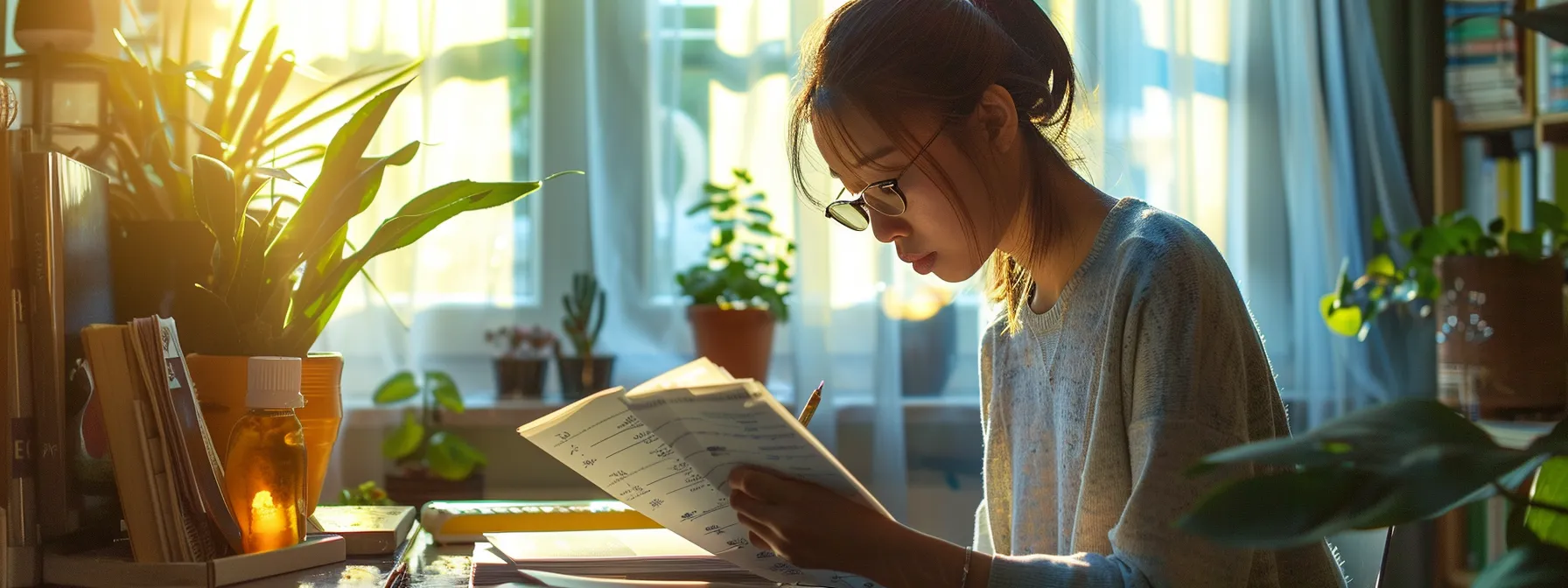 a person carefully examining a detailed written moving estimate in a sunlit room with a focused expression.