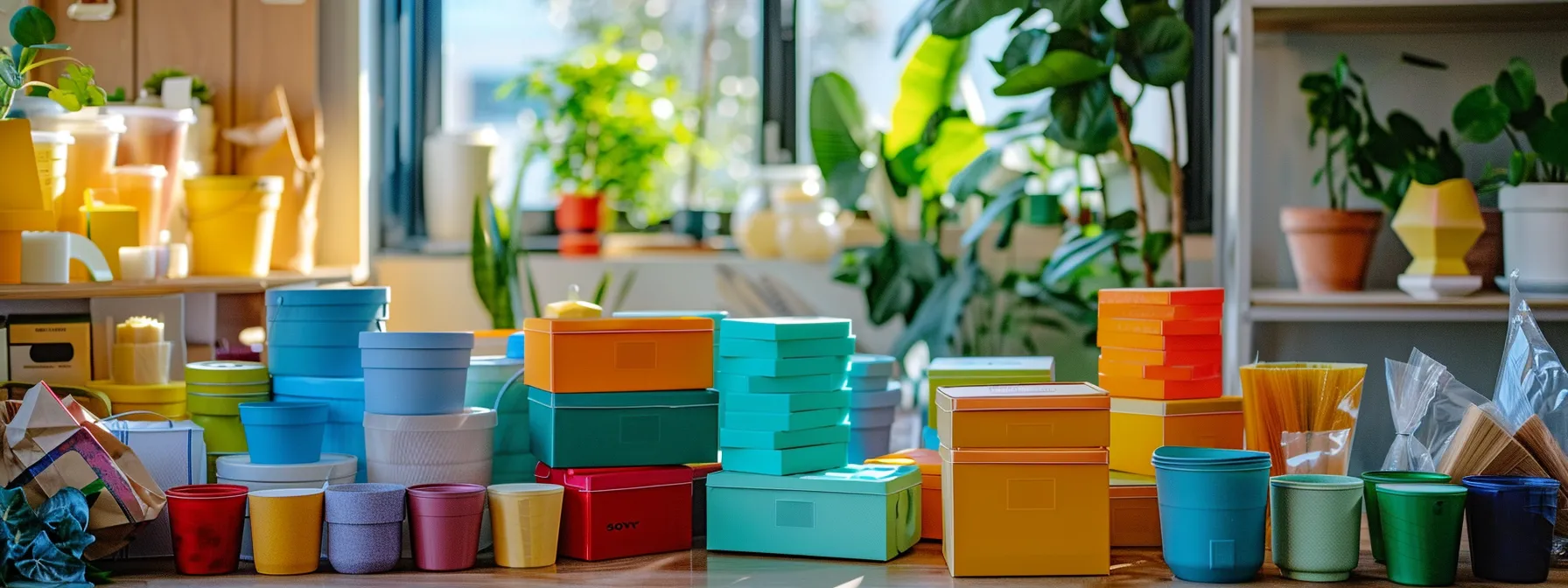 a colorful array of eco-friendly packing supplies neatly arranged on a table, ready to be used for a san diego move.