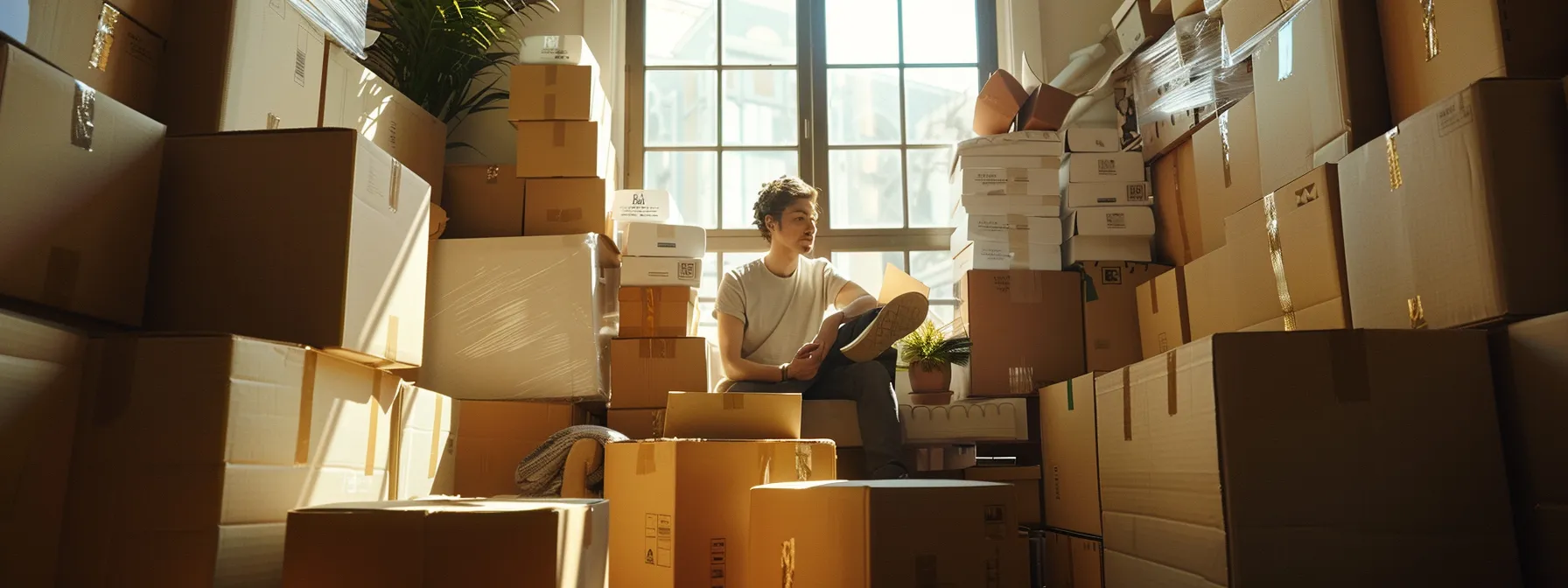 a person calmly comparing different moving service packages while surrounded by stacks of moving boxes in downtown san diego.