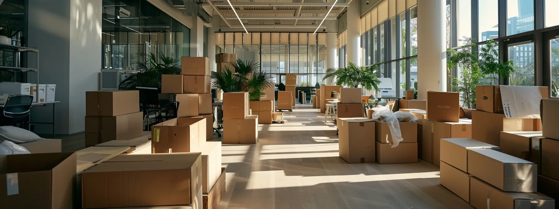 a sleek and modern office space filled with moving boxes and professional movers carefully organizing items.