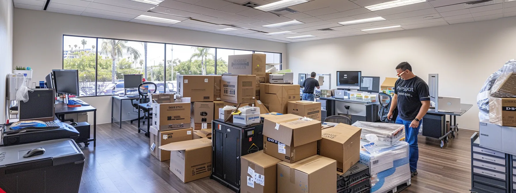 a team of professional movers carefully packing and labeling office equipment in preparation for a seamless commercial relocation in san diego.