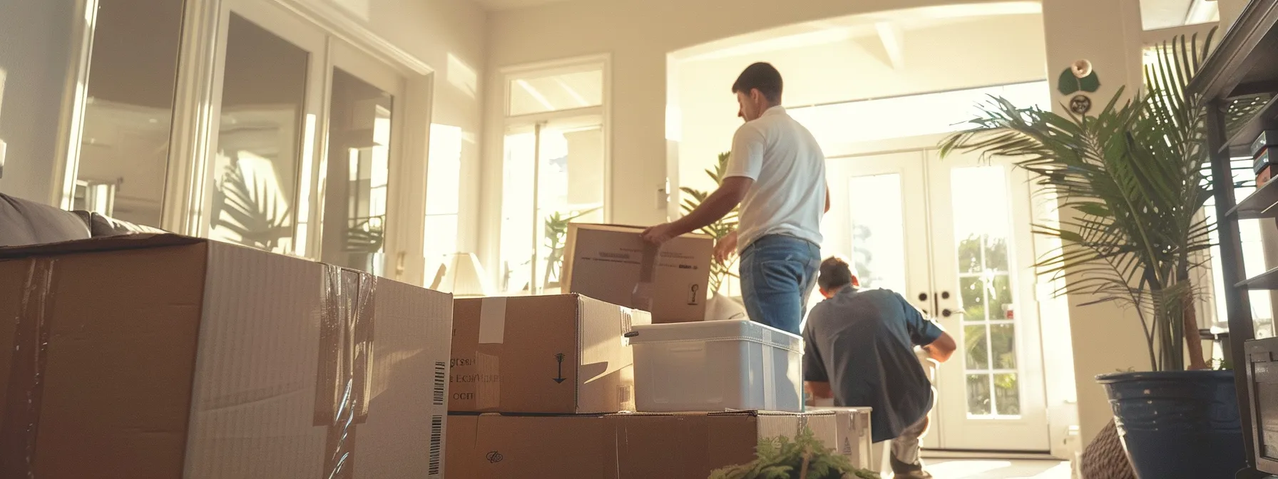 a team of san diego local movers carefully arranging furniture in a bright, spacious living room of a new home.