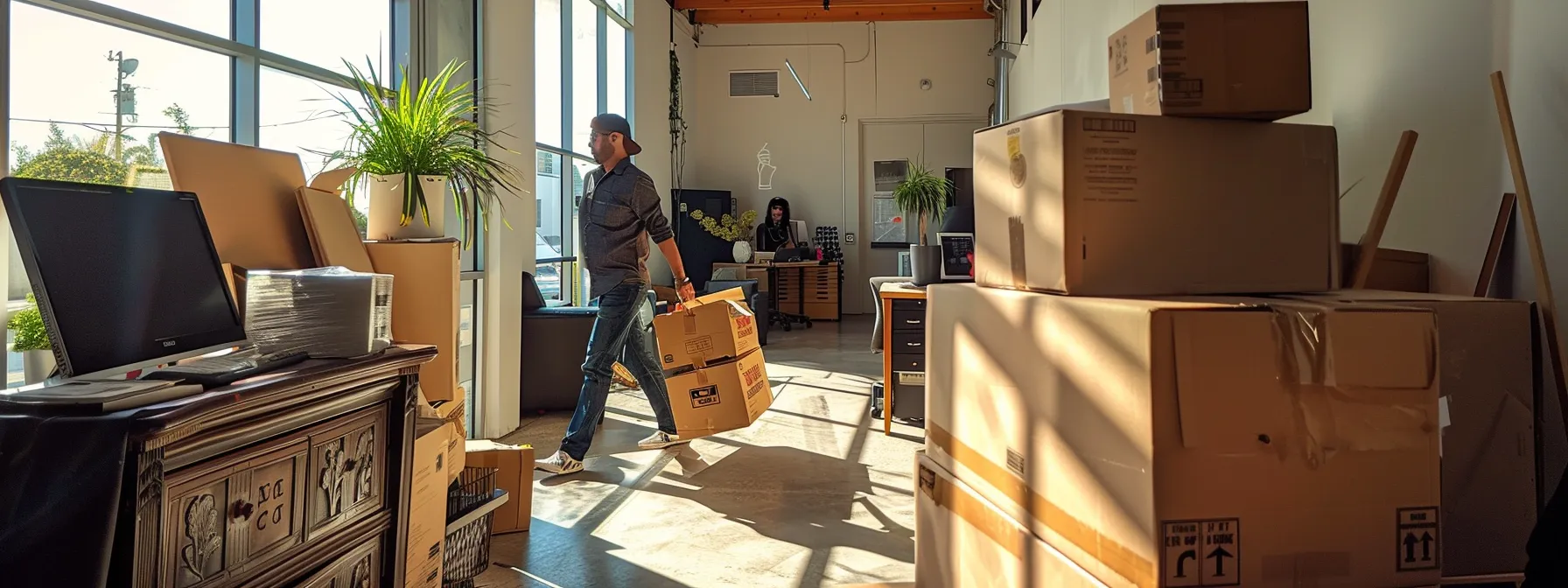 a busy office moving company in los angeles with workers carefully transporting boxes and furniture.