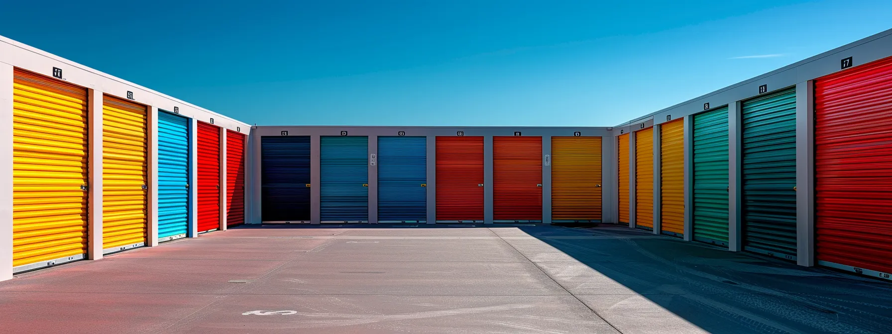 a colorful array of closet-style storage units lined up in a neat row under the sunny skies of san diego.