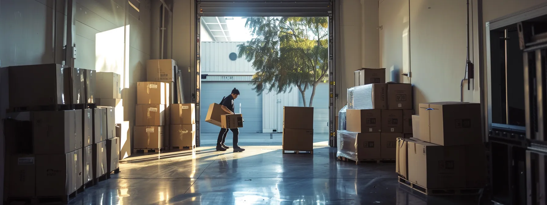 a professional moving crew carefully loading boxes and furniture into a secure storage unit, streamlining logistics and reducing stress for clients in los angeles.