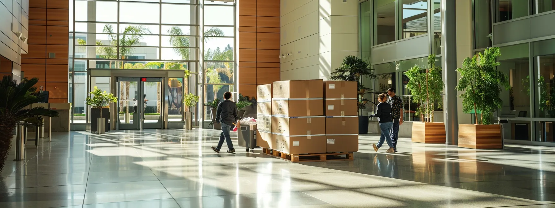 a team of professional movers carefully transporting office furniture through a modern, bustling san diego office building.