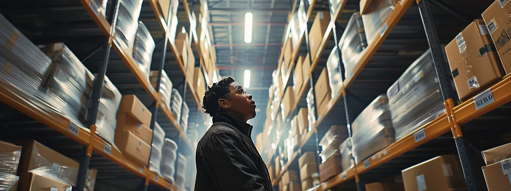 a person examining the interior of a climate-controlled storage unit in san diego, surrounded by stacks of neatly organized boxes, with a thoughtful expression on their face.