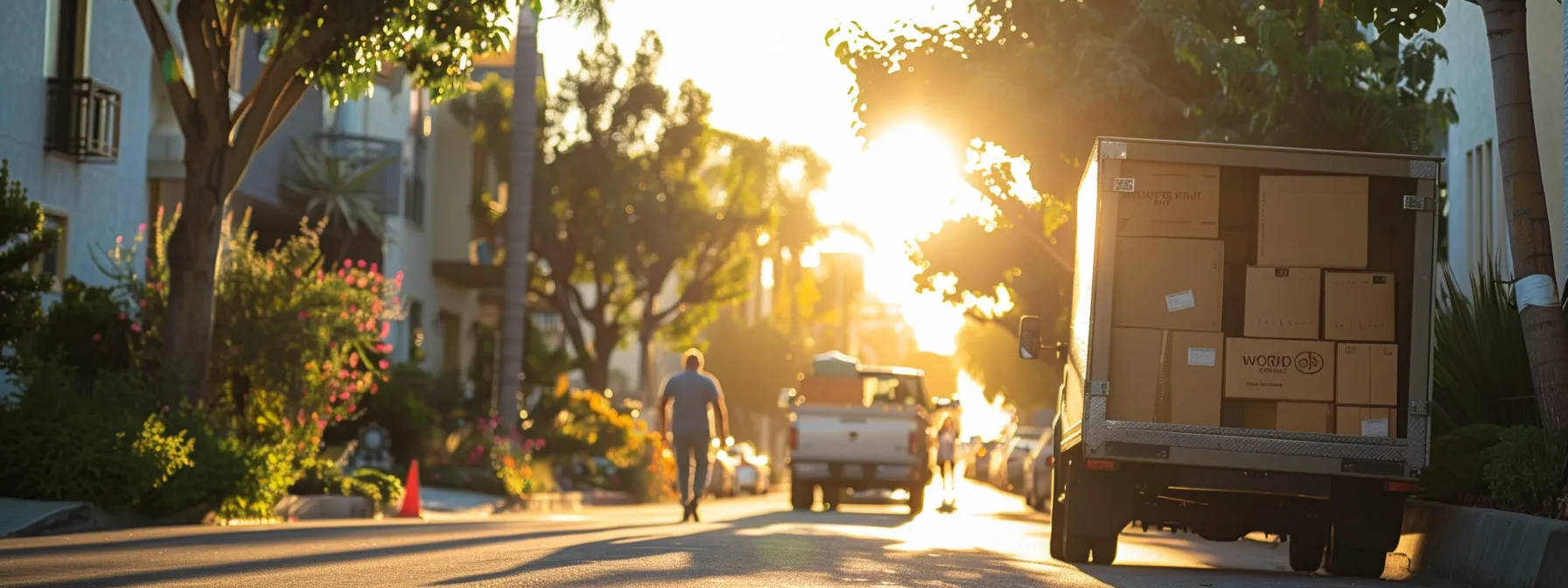 a group of friendly, efficient movers in san diego efficiently transporting belongings down a familiar city street, providing personalized service and guidance to their clients.