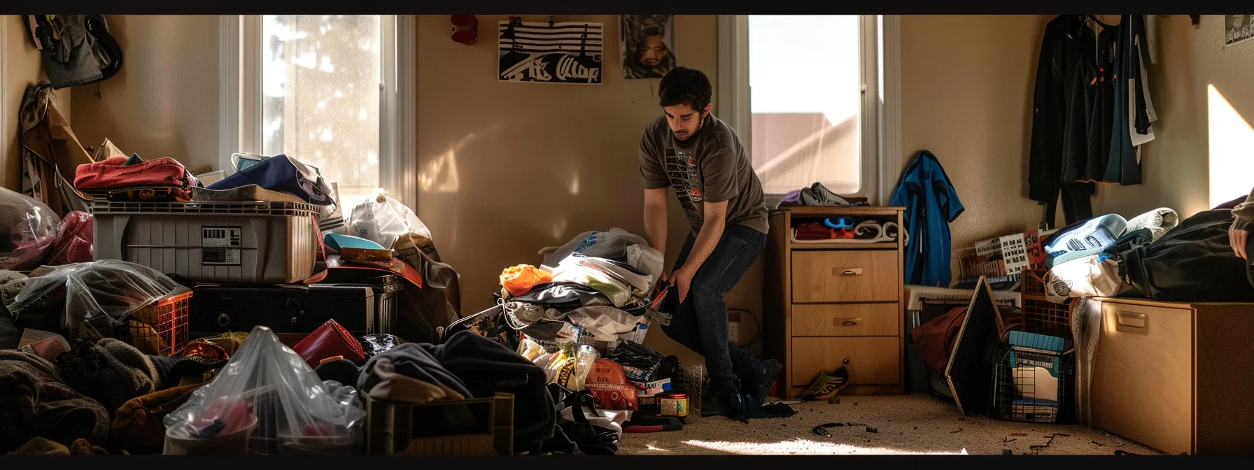 a person sorting through piles of belongings, selecting items to donate or discard, in preparation for a san diego move.