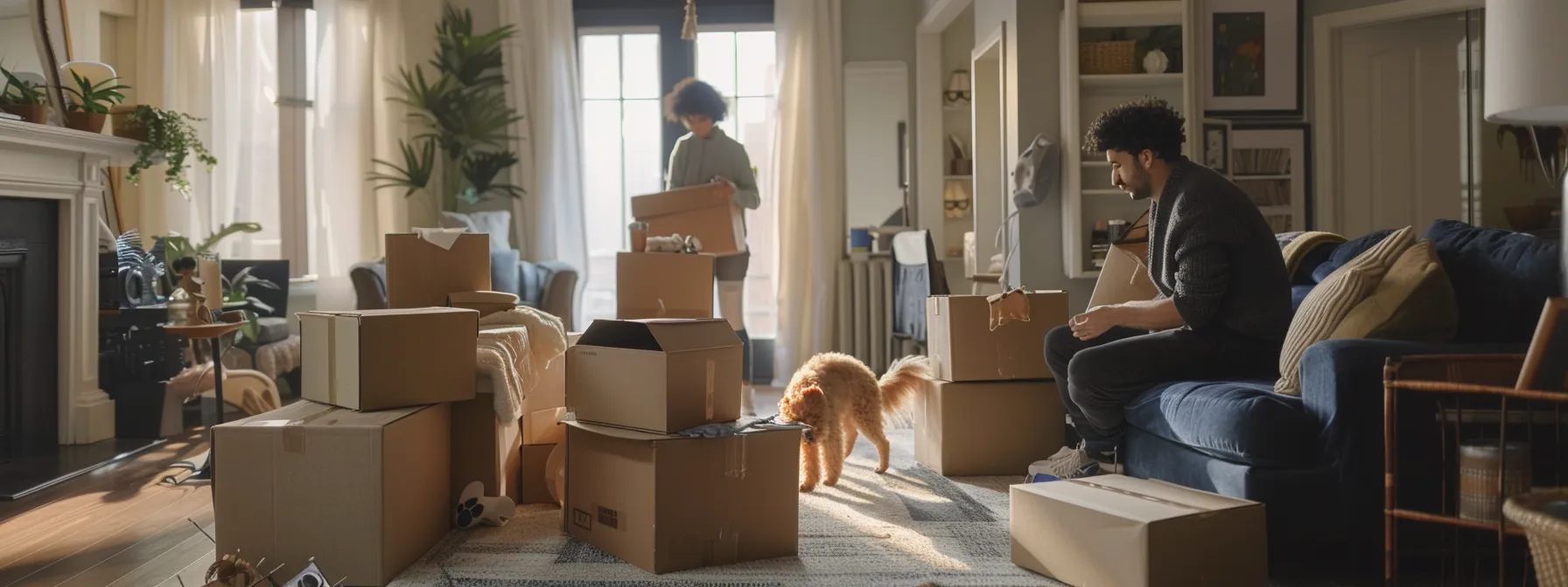 a family carefully packing boxes, while their dog plays nearby, in a neat and organized living room.