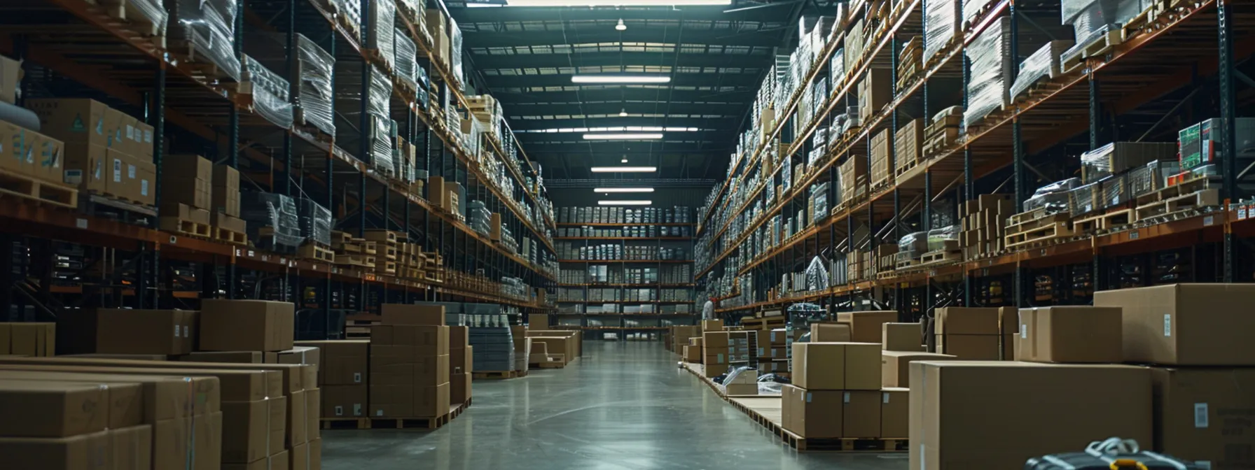 a modern warehouse filled with neatly stacked boxes labeled with moving company logos and surrounded by efficient movers in san diego.