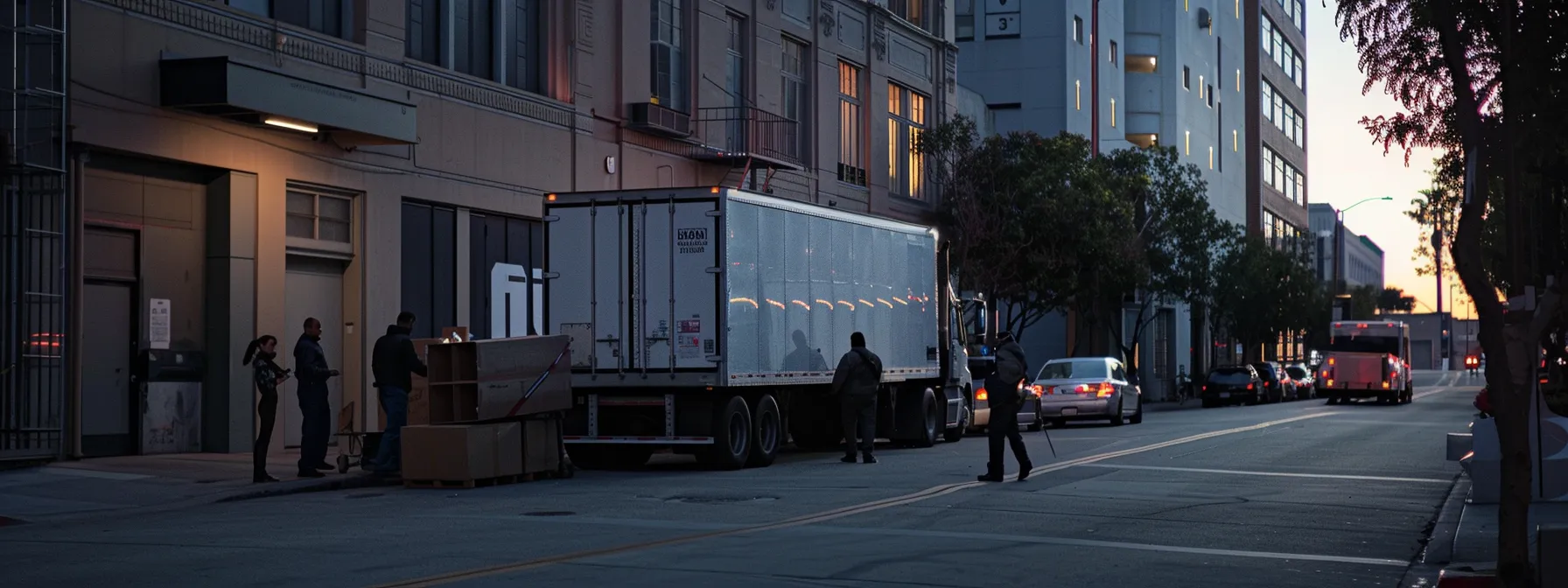 a group of movers carefully loading a sleek, modern storage unit onto a moving truck in bustling downtown los angeles.