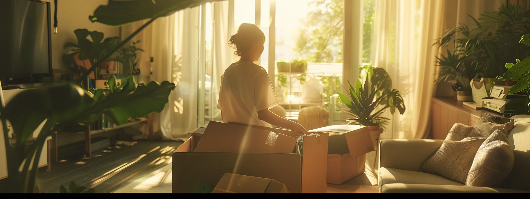 a person unpacking boxes in a bright and cozy living room, surrounded by neatly organized furniture and personal belongings.