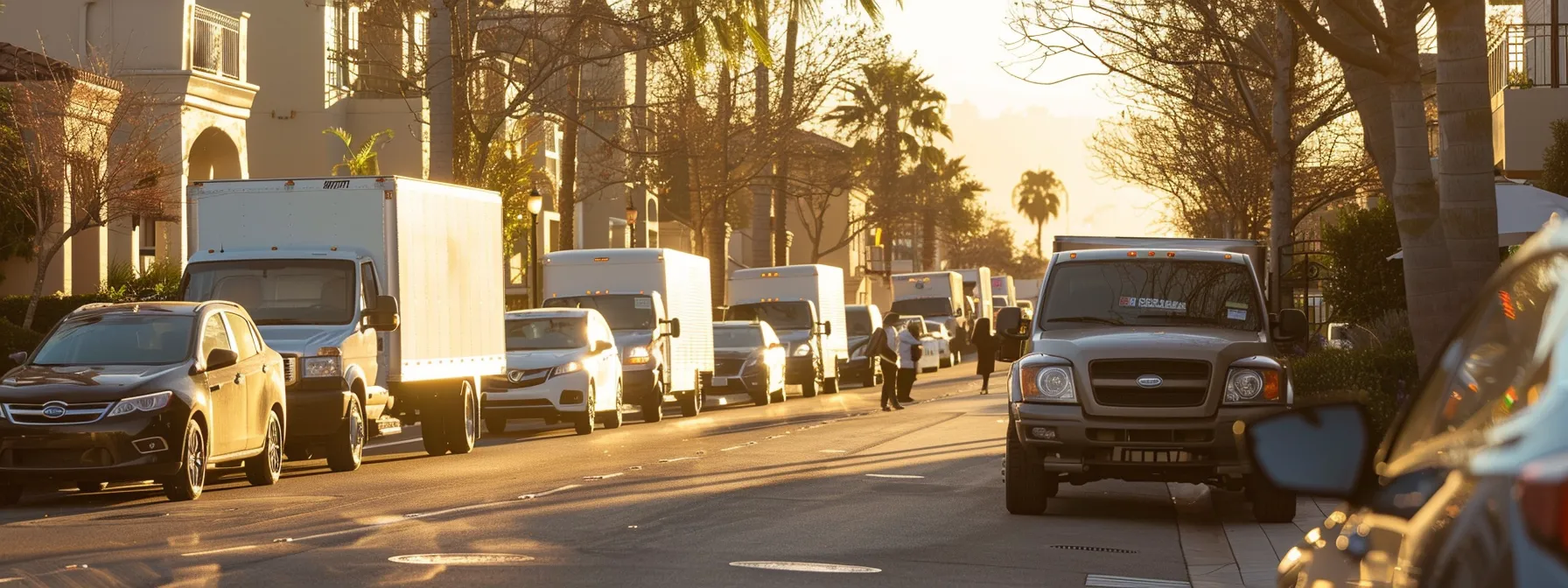 a bustling street lined with moving trucks and boxes, as a team coordinates entry to a residence in san diego.