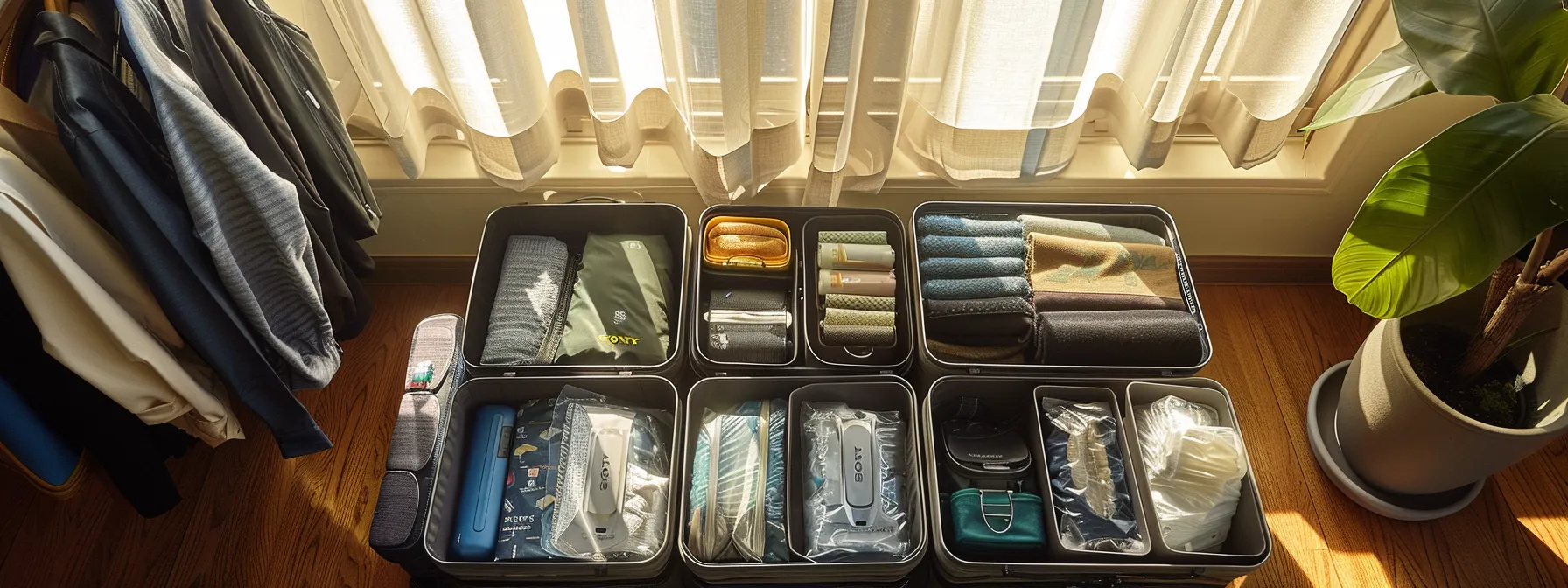 a neatly packed suitcase filled with eco-friendly cushioning and labeled compartments, showcasing efficient and sustainable packing practices.