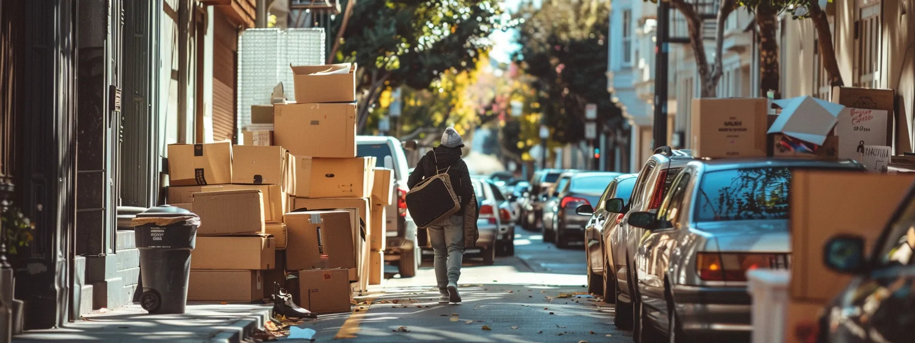 a person navigating through a congested street in oakland, surrounded by moving boxes and vintage furniture, highlighting the logistical challenges and emotional strain of relocating.