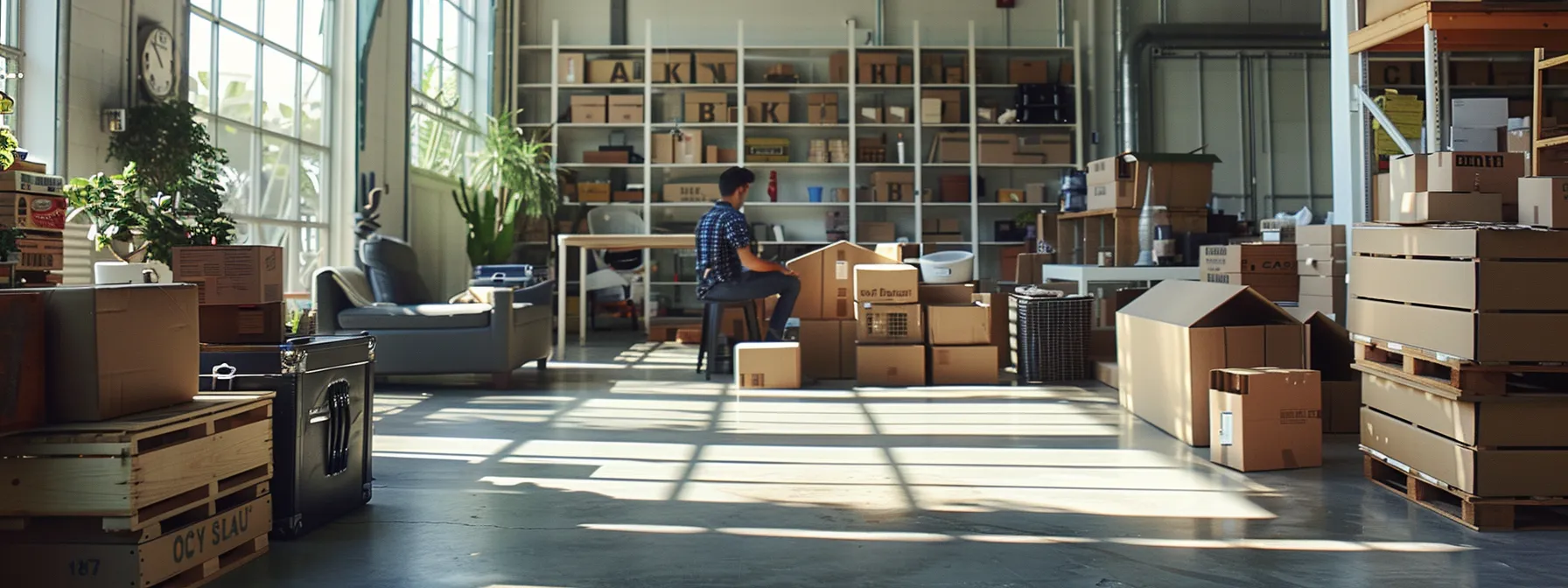 a person comparing various moving companies' services, surrounded by labeled boxes, storage units, and unique special moving items.