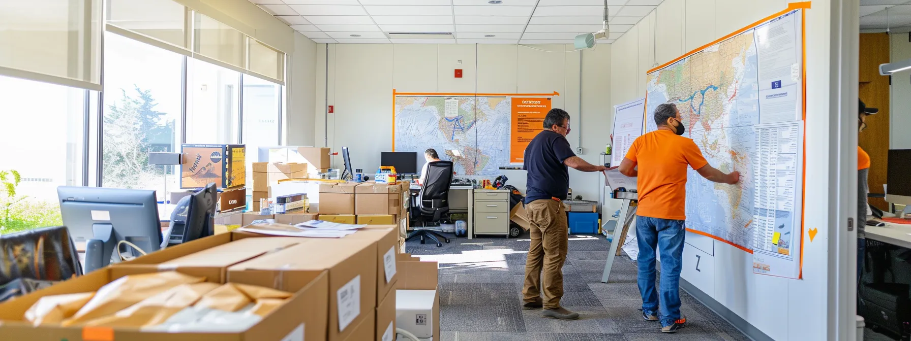 a team of experienced movers carefully packing specialized equipment in a san jose office, surrounded by a map of the city and engaged in open communication with a satisfied customer.