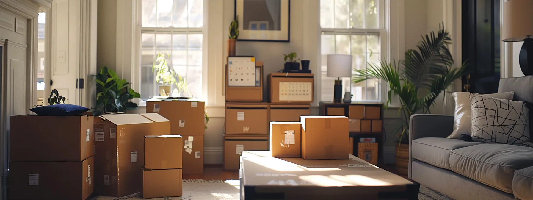 a neatly organized living room with labeled moving boxes stacked against the wall, a calendar marked with moving tasks, and a checklist of contacts to notify about the move displayed on a table.