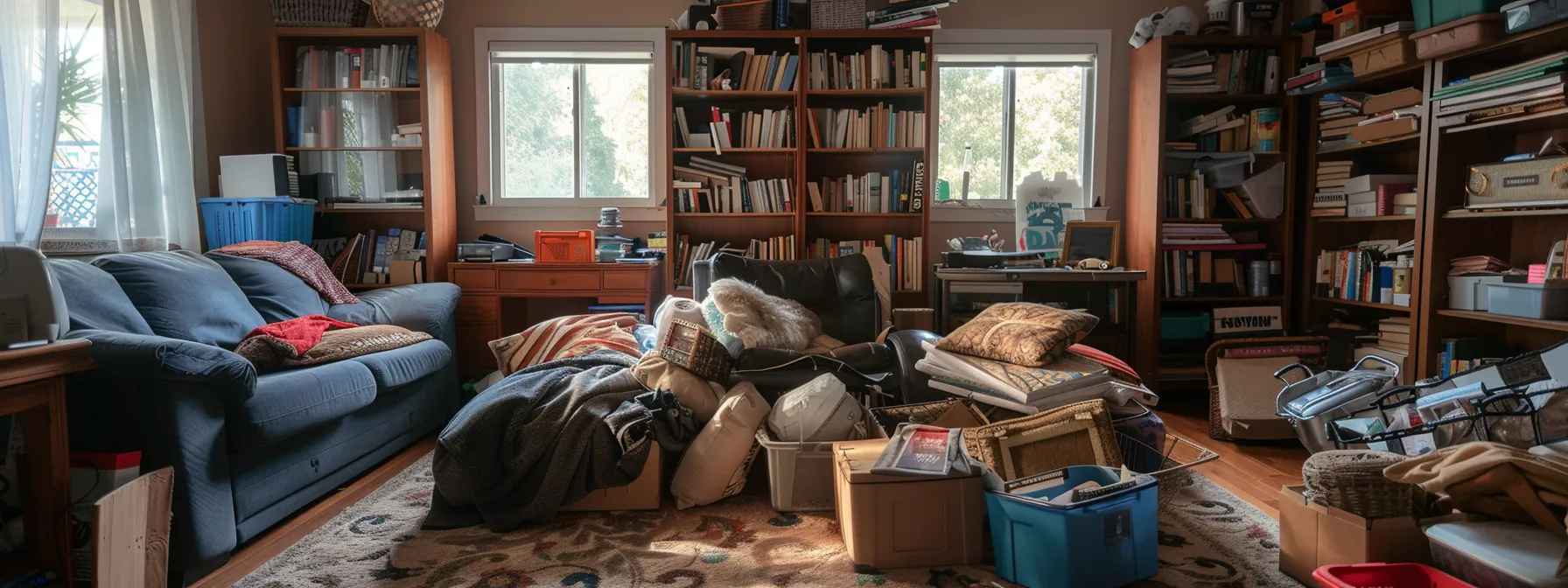 a clutter-free living room with neatly organized piles of items marked keep, donate, and discard, ready for a stress-free and efficient local move.