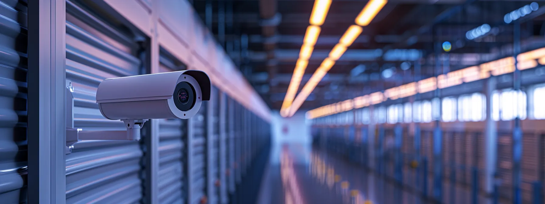 a high-tech surveillance camera keeping watch over rows of neatly stacked storage units in a well-lit facility.