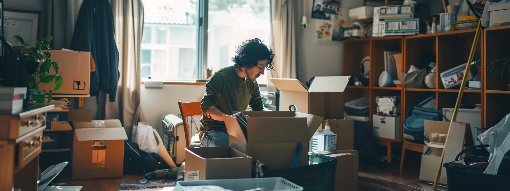 a person carefully measuring the dimensions of their belongings and planning their moving budget at a cluttered kitchen table.