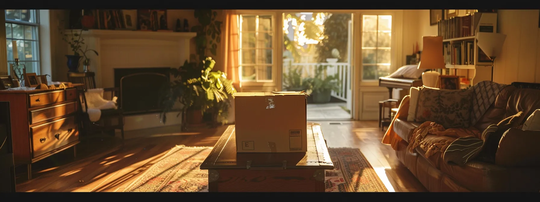 a warm, cozy living room with a moving box being unpacked, sunlight streaming through the window, showcasing a sense of new beginnings and comfort in the new oakland home.