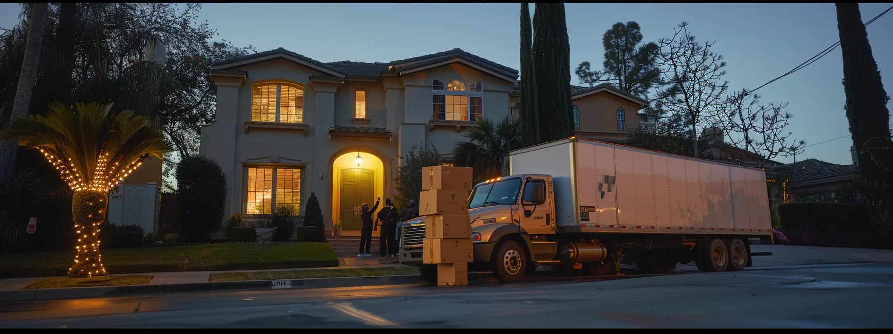 a moving truck parked outside a house in orange county, with a team of professional movers unloading boxes into the new home.