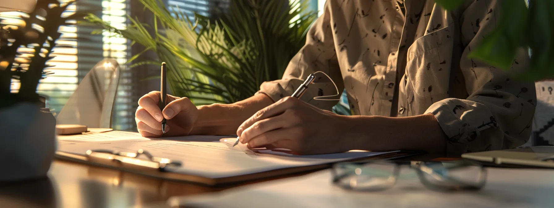 a person confidently signing a detailed contract with a moving company, surrounded by a checklist and communication devices for a seamless relocation experience.