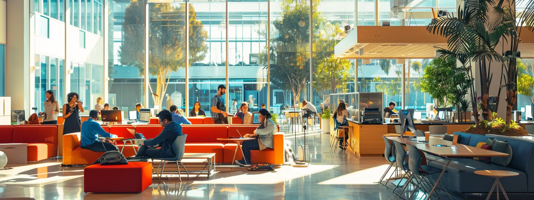 a vibrant, modern los angeles office space filled with bustling employees setting up workstations and testing equipment.