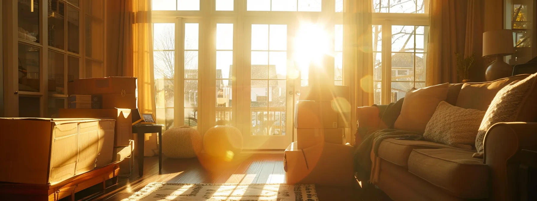 a serene living room filled with sunlight streaming through large windows, as professional oakland movers efficiently pack and organize boxes, creating a stress-free moving experience.