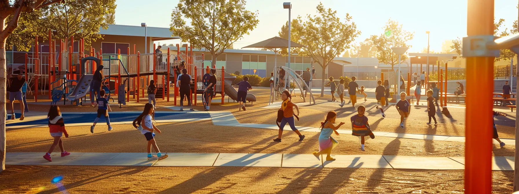 a vibrant elementary school playground filled with children playing and learning under the california sun.