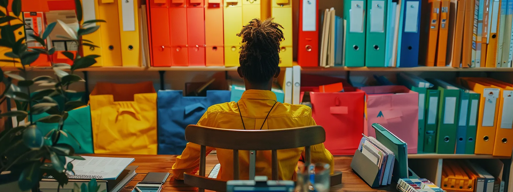 a person sitting at a desk, surrounded by color-coded folders and calendars, with a focused expression as they plan their stress-free oakland move.