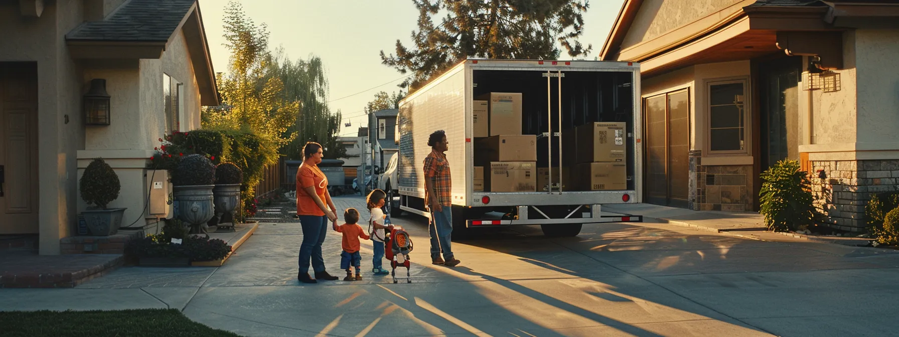 a family standing in front of a moving truck with a friendly and professional los angeles moving crew.