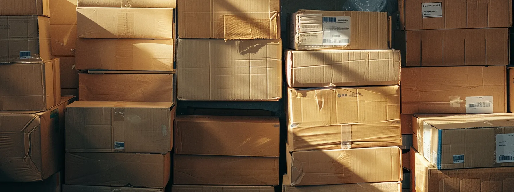 a neatly organized stack of moving boxes labeled and ready to be packed.