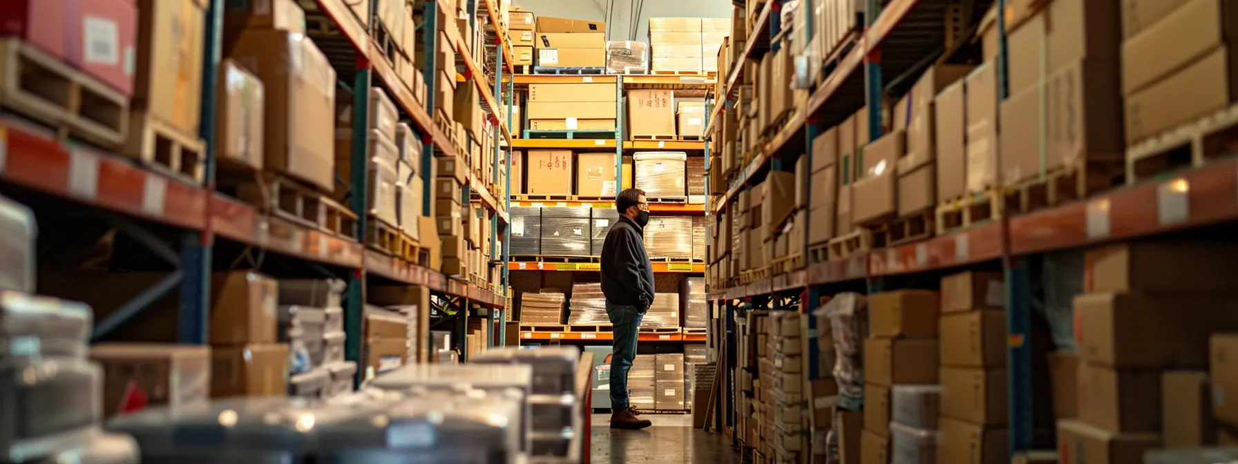 a person carefully inspecting a well-organized storage unit in san francisco, surrounded by neatly stacked boxes and labeled containers.