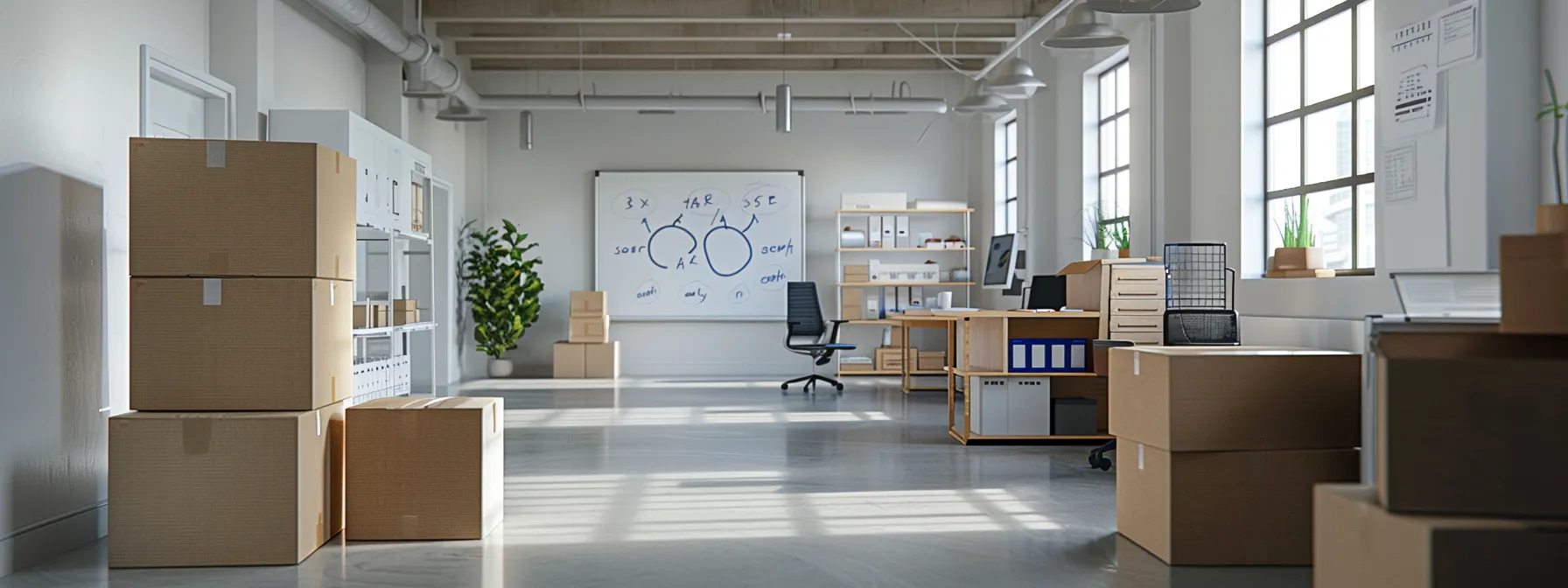 an organized office space with labeled moving boxes and a detailed timeline displayed on a whiteboard, ready for a successful relocation in orange county.