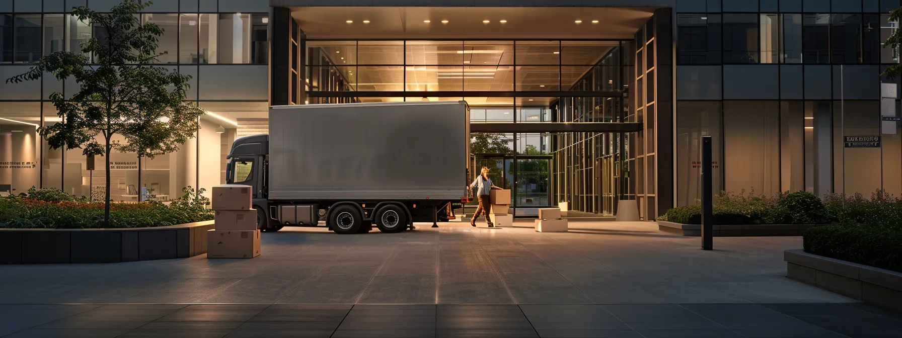 a sleek office moving truck parked outside a modern office building, with a team of movers in uniforms carrying labeled boxes into the entrance.