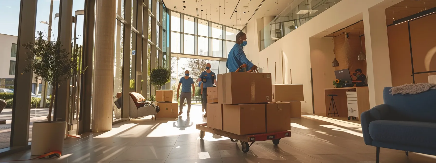 a team of movers carefully transporting office furniture through a bright, spacious lobby.