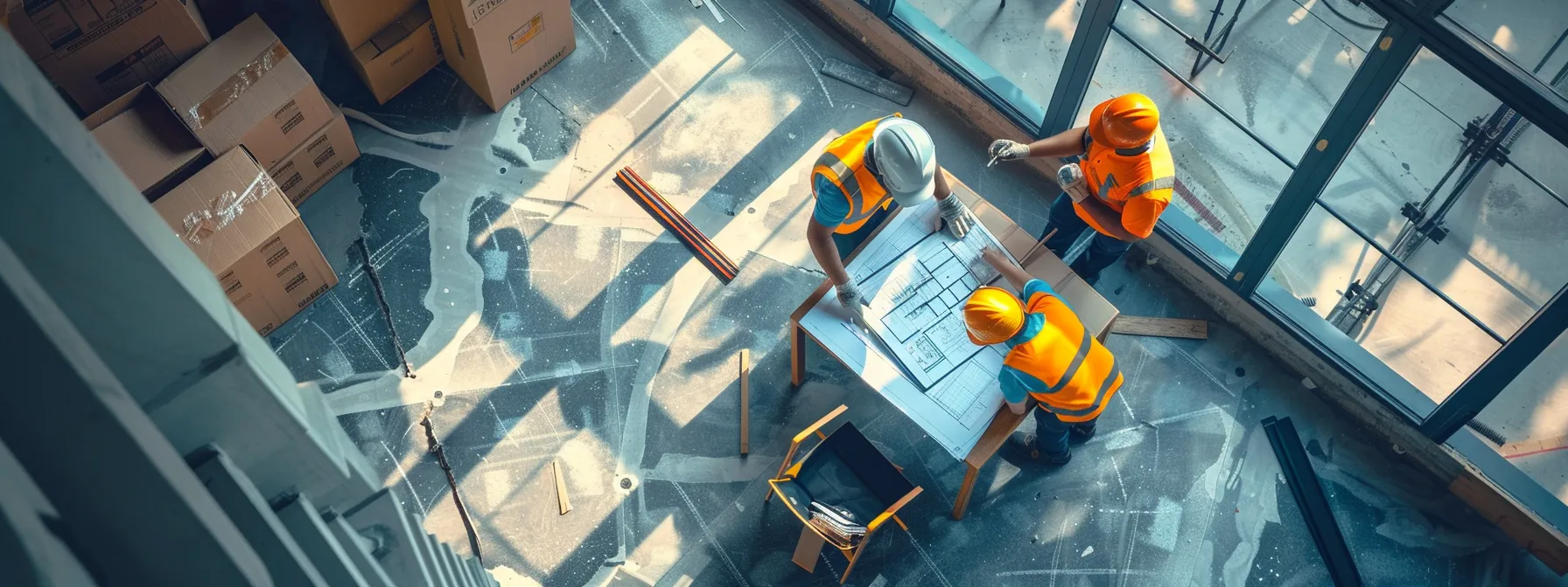 a team of workers in hard hats and reflective vests meticulously planning the layout of a new office space, surrounded by moving boxes and floor plans.